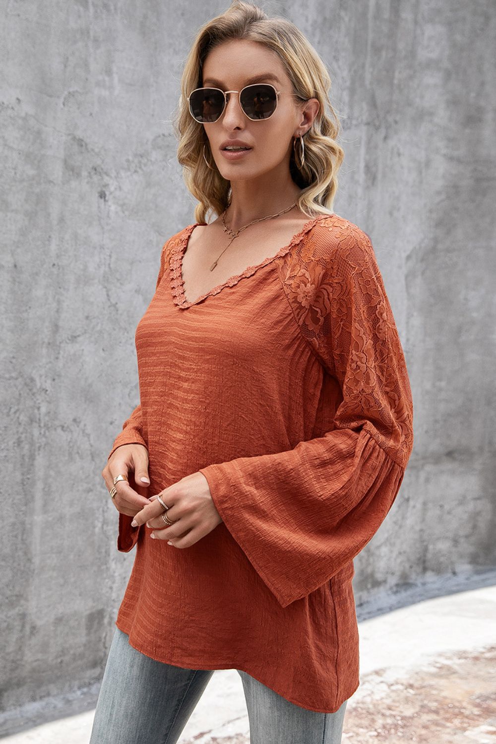 V-Neck Spliced Lace Flare Sleeve Top Print on any thing USA/STOD clothes