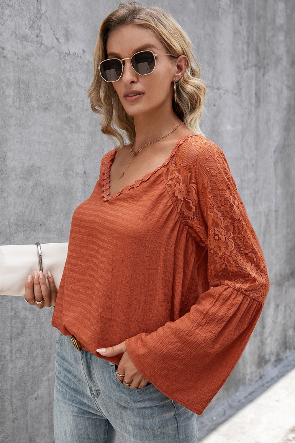 V-Neck Spliced Lace Flare Sleeve Top Print on any thing USA/STOD clothes