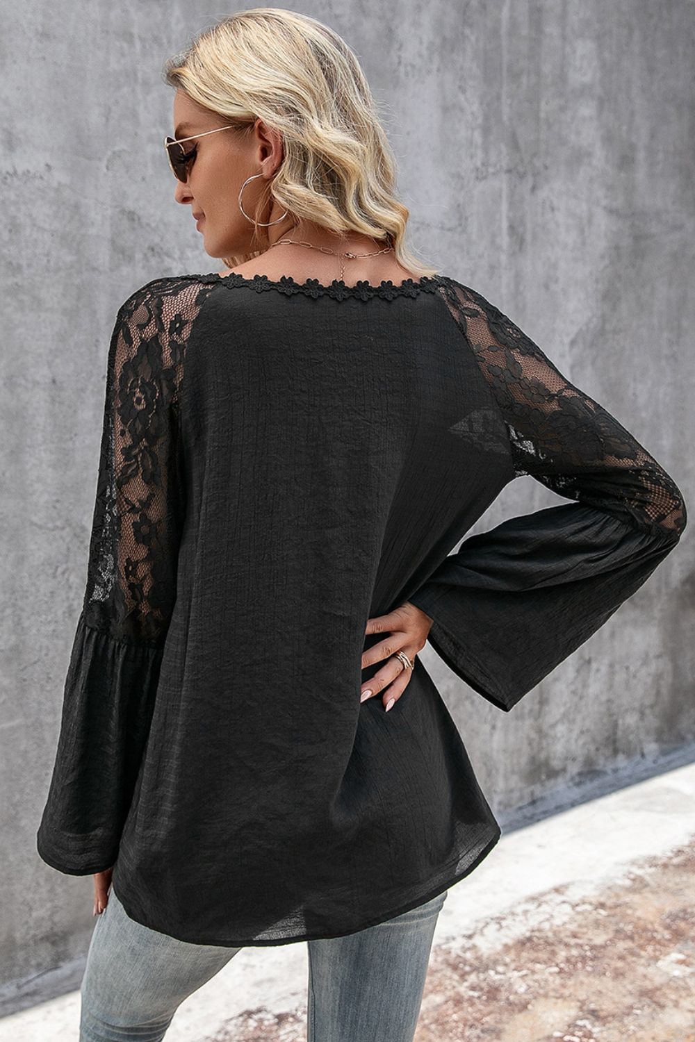 V-Neck Spliced Lace Flare Sleeve Top Print on any thing USA/STOD clothes