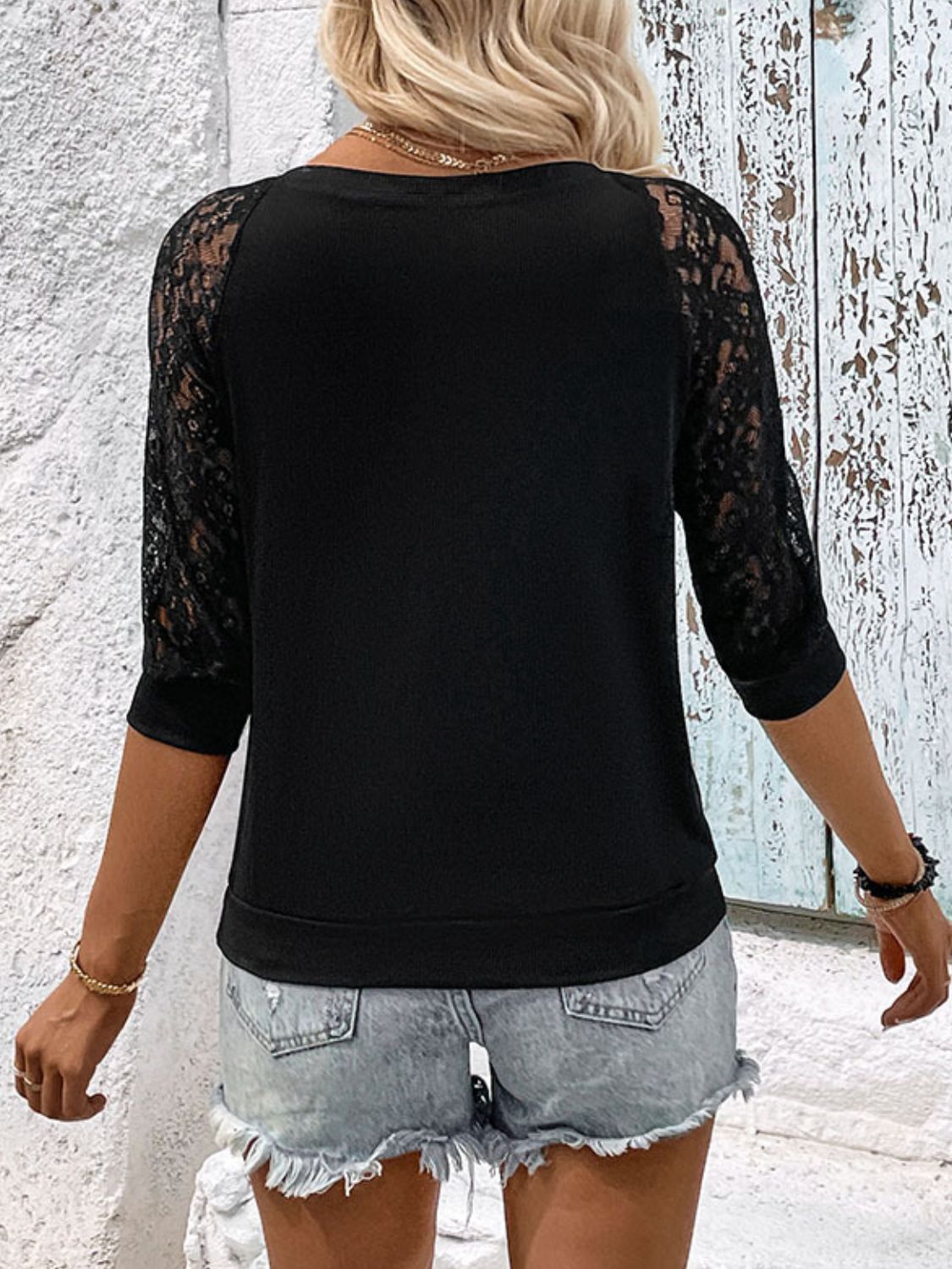 V-Neck Spliced Lace Raglan Sleeve Top Print on any thing USA/STOD clothes