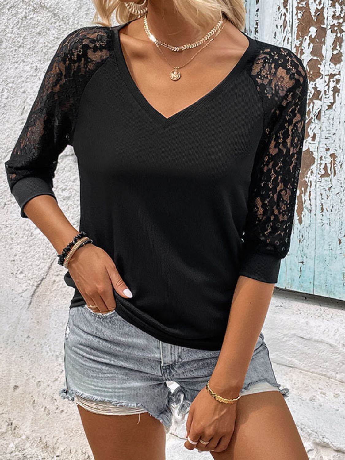 V-Neck Spliced Lace Raglan Sleeve Top Print on any thing USA/STOD clothes