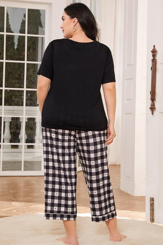 V-Neck Tee and Plaid Cropped Pants Lounge Set Print on any thing USA/STOD clothes