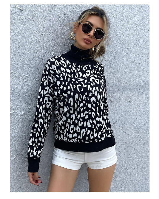 Turtleneck Jacquard Black Leopard Print Sweater