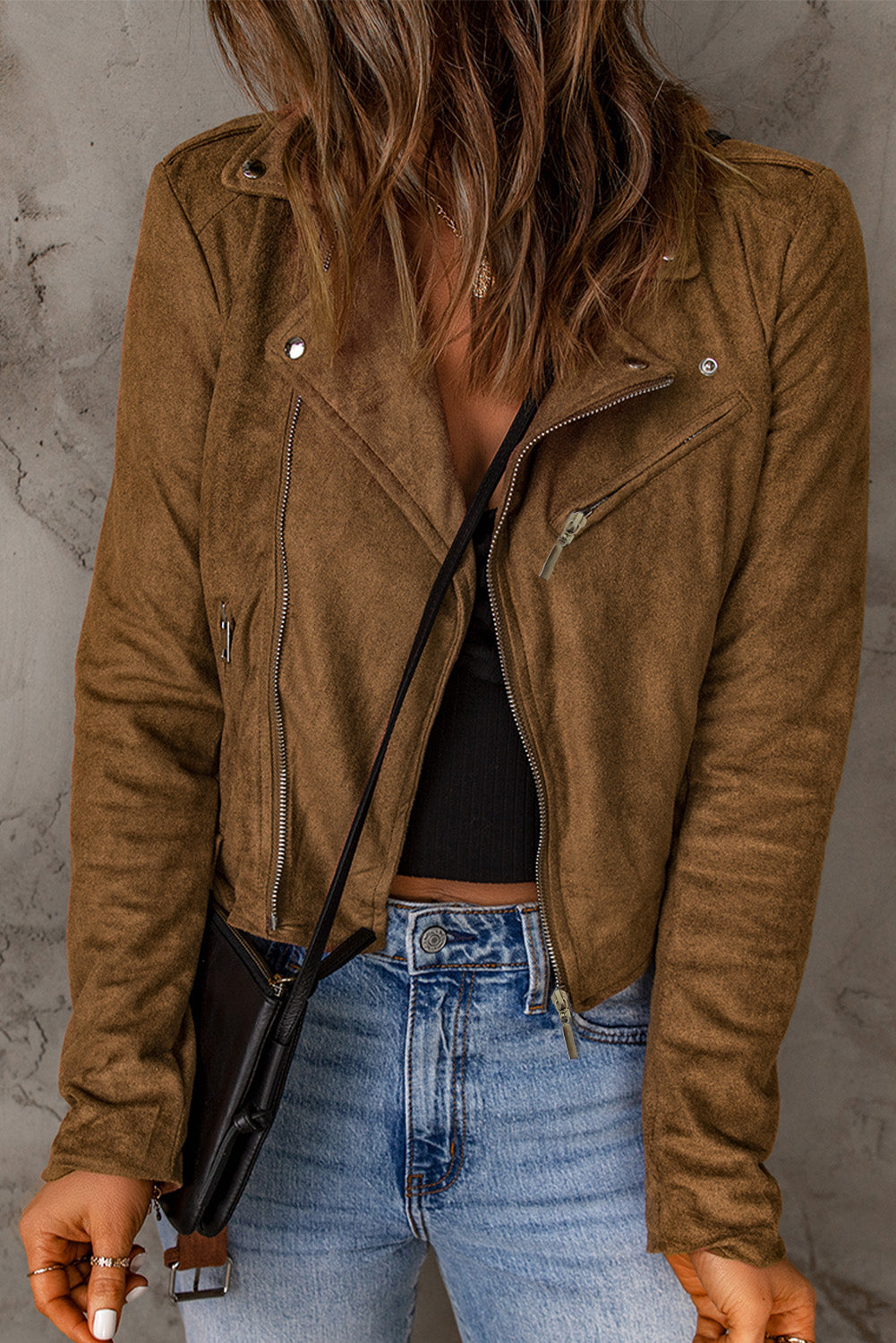 Vegan Suede Zip Detail Jacket Print on any thing USA/STOD clothes