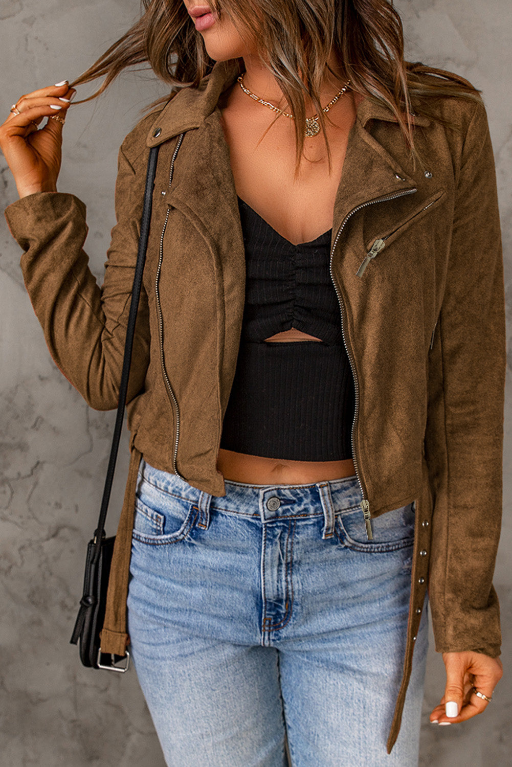 Vegan Suede Zip Detail Jacket Print on any thing USA/STOD clothes