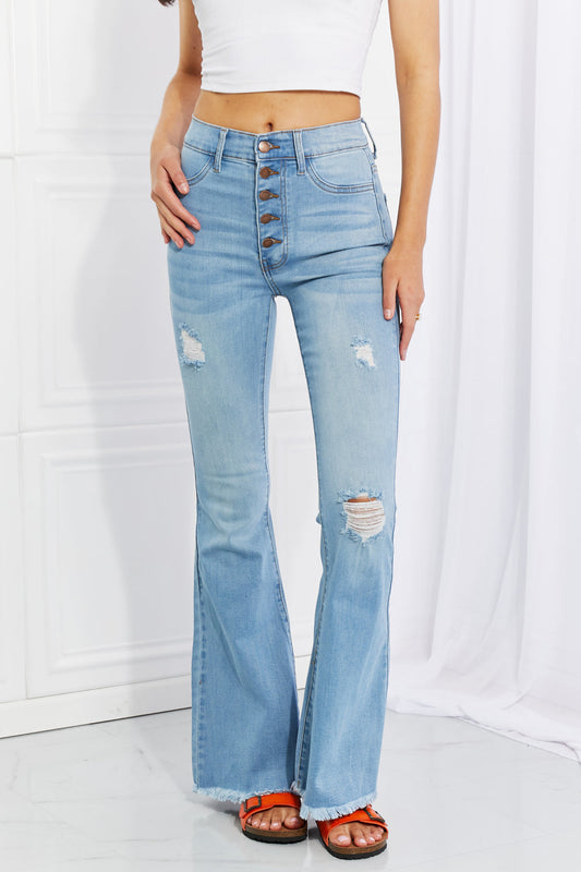 Vibrant MIU Full Size Jess Button Flare Jeans Print on any thing USA/STOD clothes