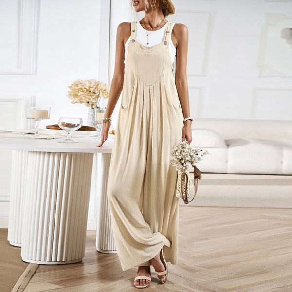 Women's solid color all-match loose wide-leg jumpsuit