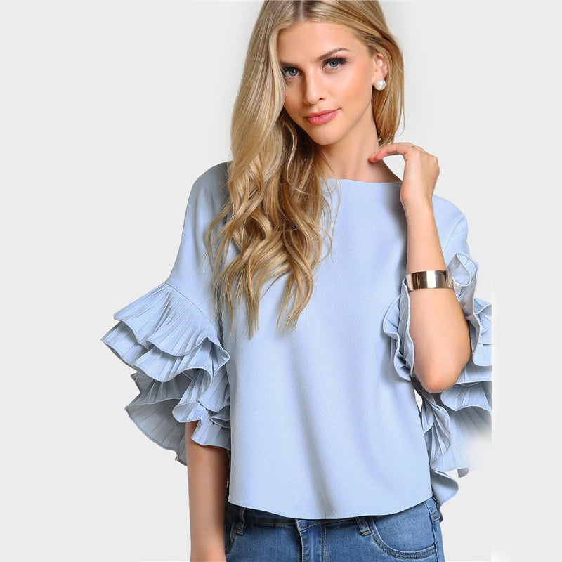 Round Neck Lotus Leaf Double Layer Flared Sleeve Short Top