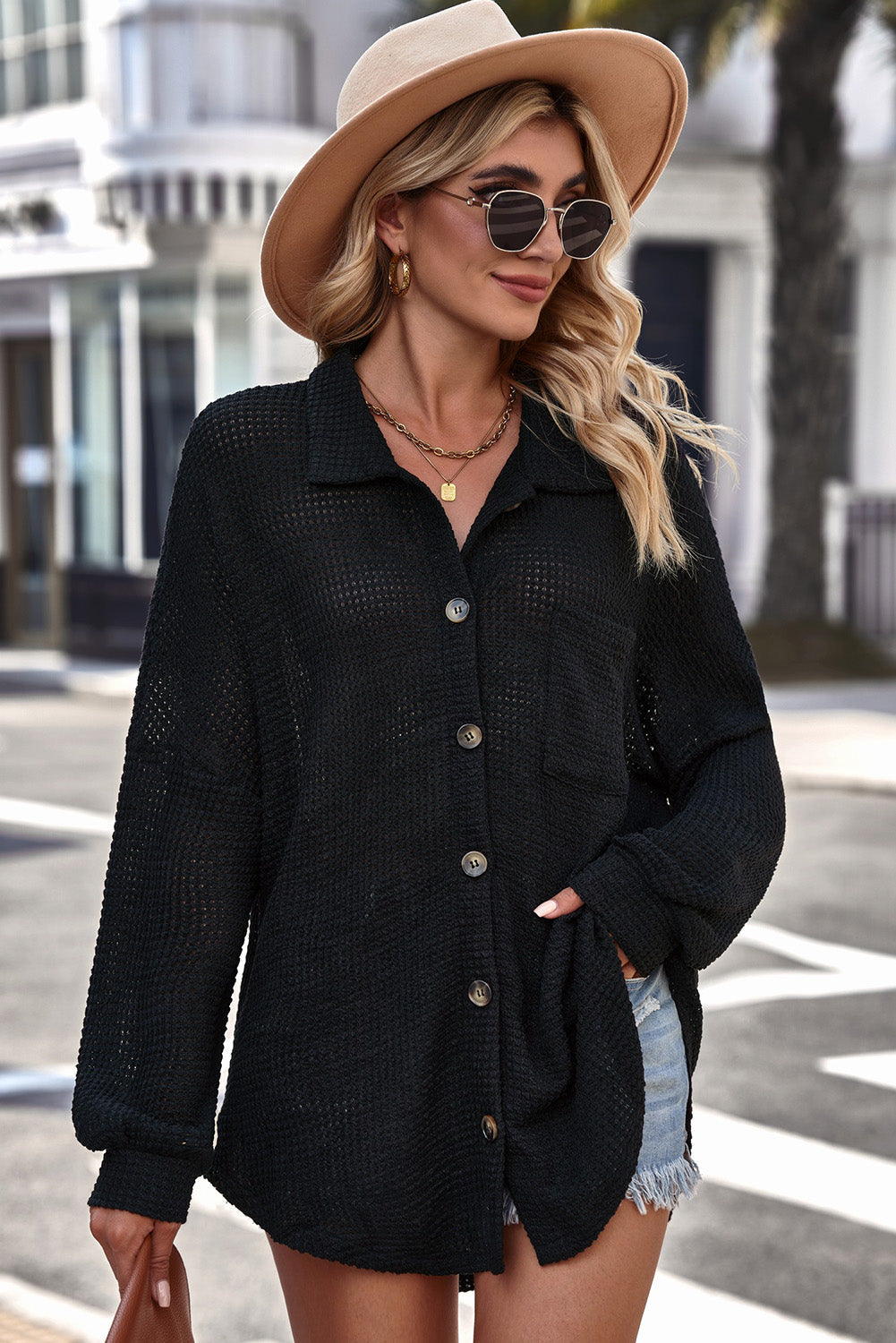 Waffle-Knit Collared Neck Dropped Shoulder Shirt Print on any thing USA/STOD clothes