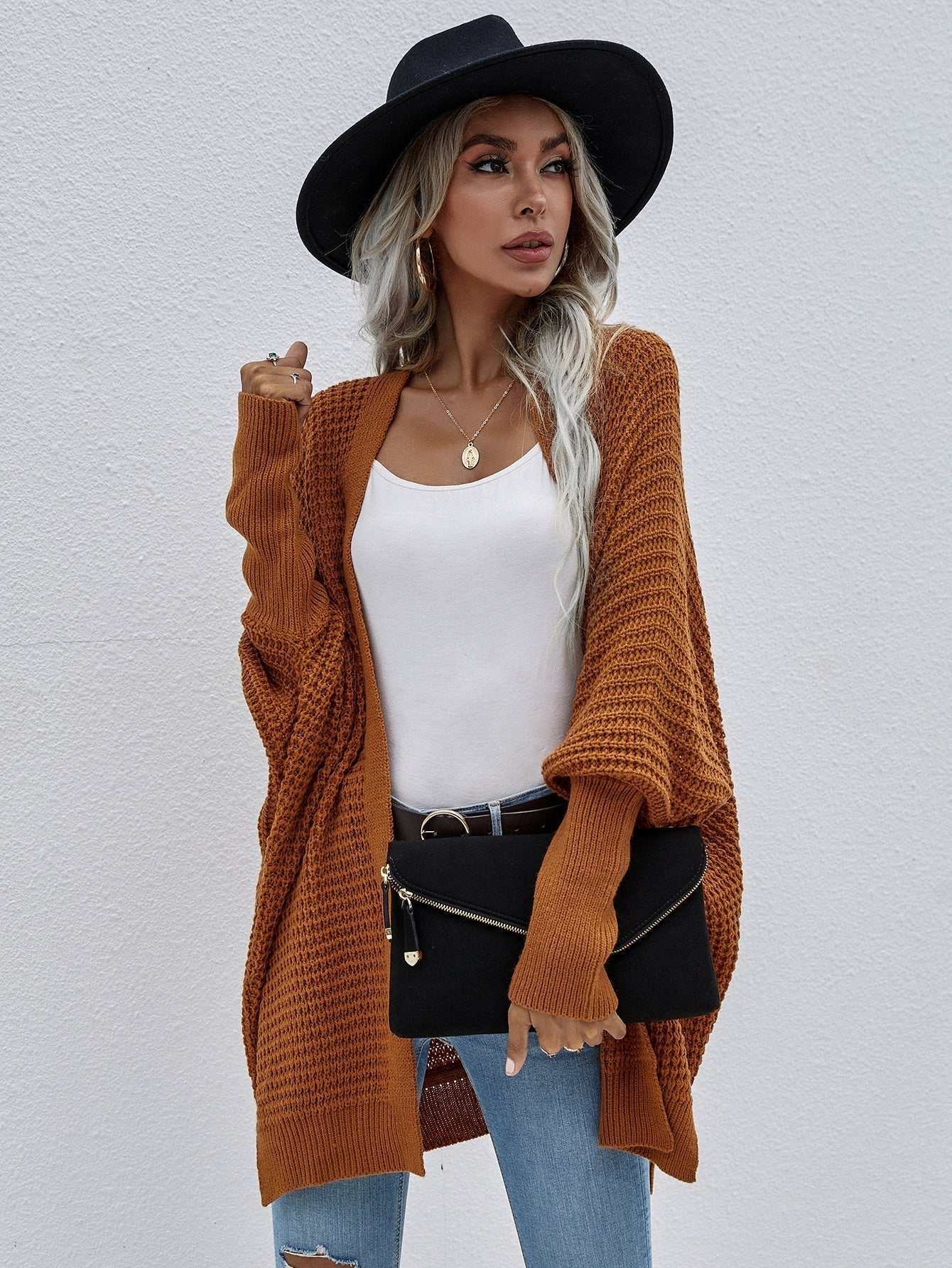 Waffle Knit Open Front Cardigan Print on any thing USA/STOD clothes