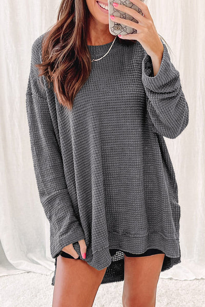 Waffle-Knit Round Neck Long Sleeve Sweatshirt Print on any thing USA/STOD clothes