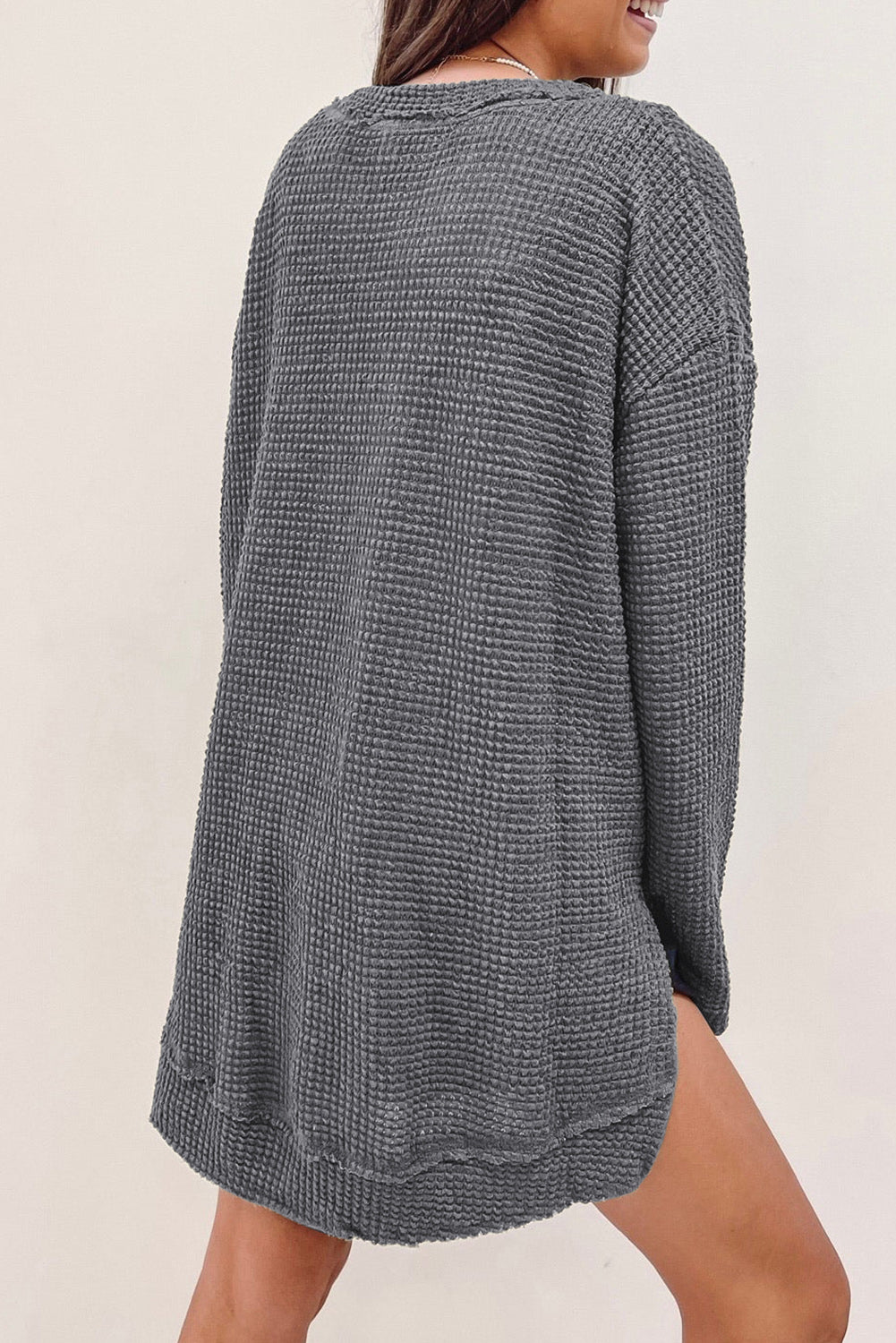 Waffle-Knit Round Neck Long Sleeve Sweatshirt Print on any thing USA/STOD clothes
