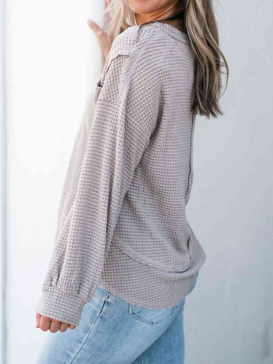 Waffle-Knit V-Neck Blouse with Breast Pocket Print on any thing USA/STOD clothes