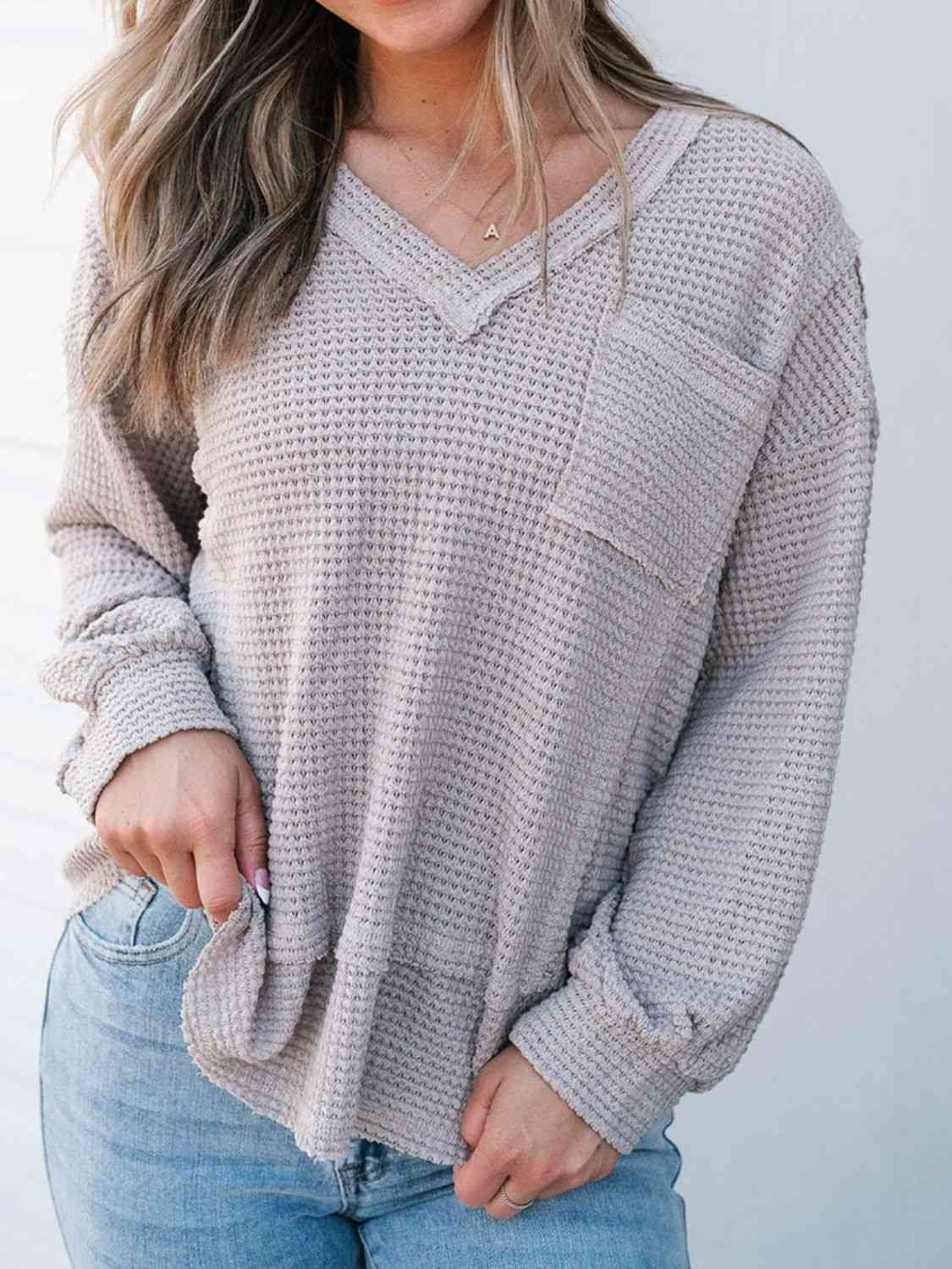 Waffle-Knit V-Neck Blouse with Breast Pocket Print on any thing USA/STOD clothes