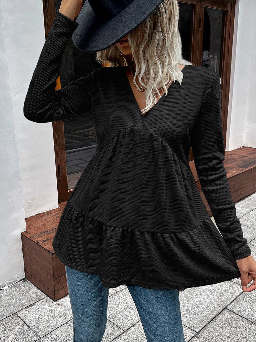 Waffle-knit V-Neck Long Sleeve Blouse Print on any thing USA/STOD clothes