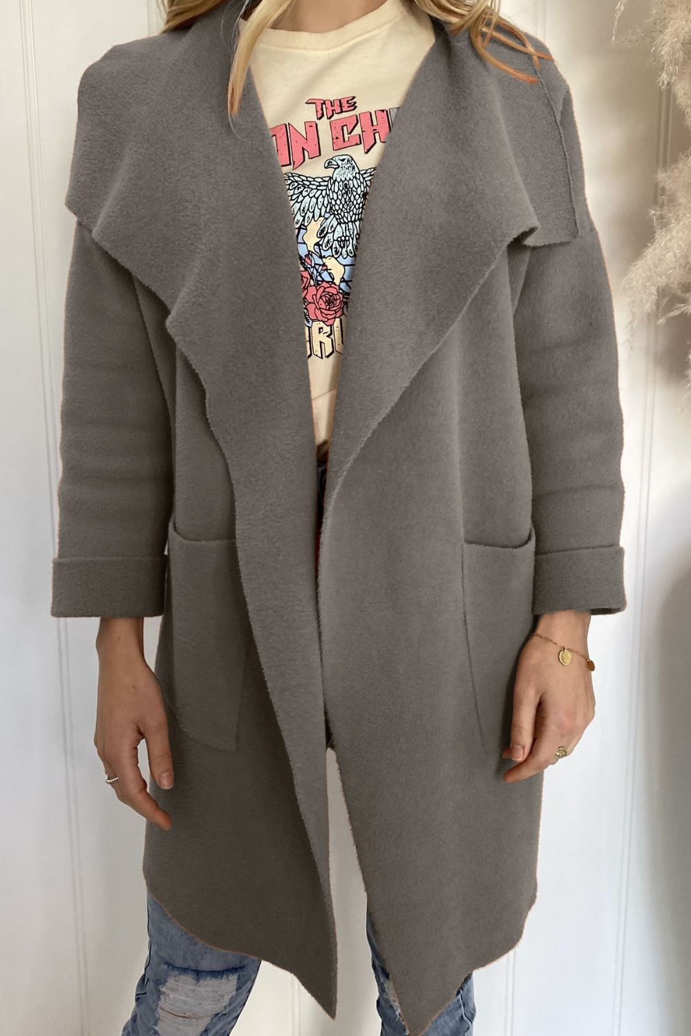Waterfall Collar Brushed Longline Coat with Pockets Print on any thing USA/STOD clothes