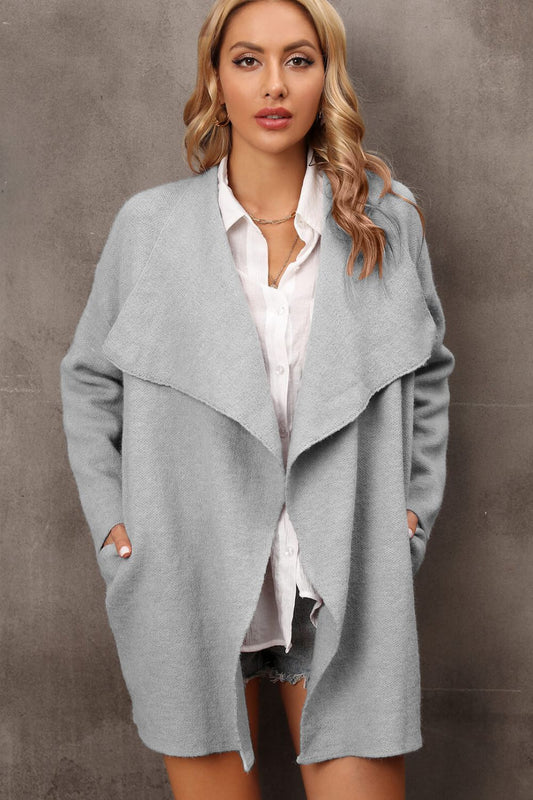Waterfall Collar Longline Cardigan with Side Pockets Print on any thing USA/STOD clothes
