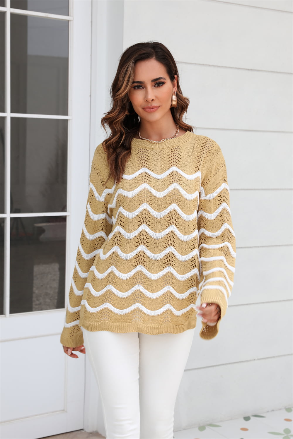 Wave Pattern Round Neck Long Sleeve Sweater Print on any thing USA/STOD clothes