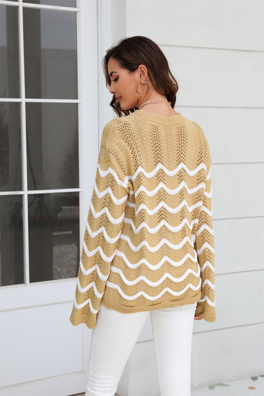 Wave Pattern Round Neck Long Sleeve Sweater Print on any thing USA/STOD clothes