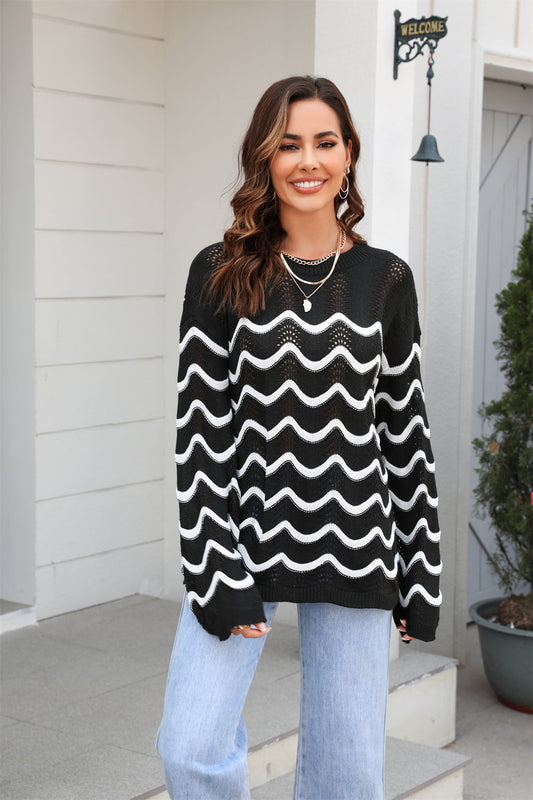 Wave Pattern Round Neck Long Sleeve Sweater Print on any thing USA/STOD clothes