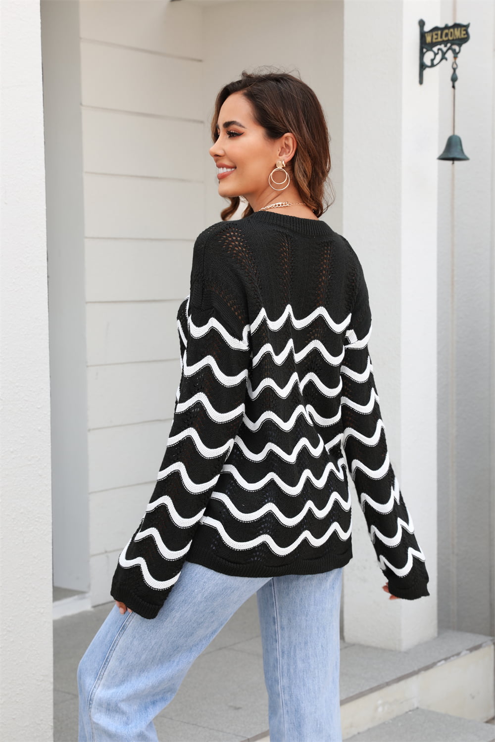 Wave Pattern Round Neck Long Sleeve Sweater Print on any thing USA/STOD clothes