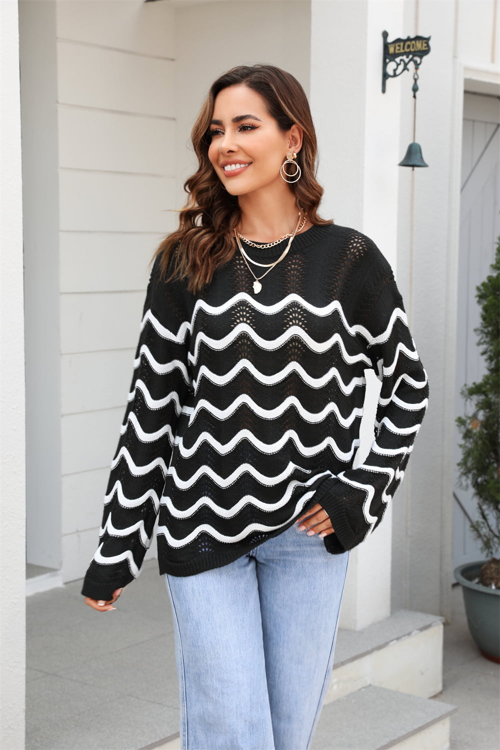 Wave Pattern Round Neck Long Sleeve Sweater Print on any thing USA/STOD clothes