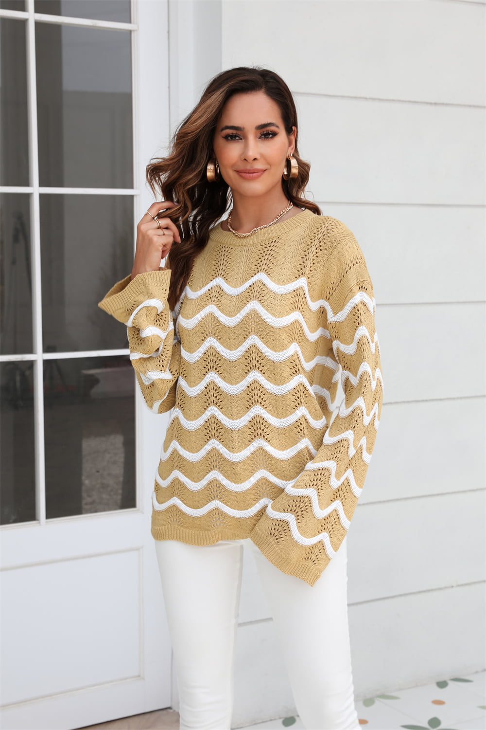 Wave Pattern Round Neck Long Sleeve Sweater Print on any thing USA/STOD clothes