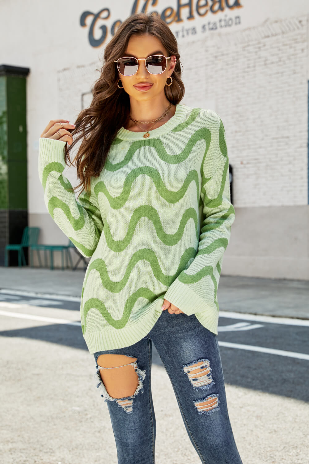 Wave Stripe Ribbed Trim Tunic Sweater Print on any thing USA/STOD clothes