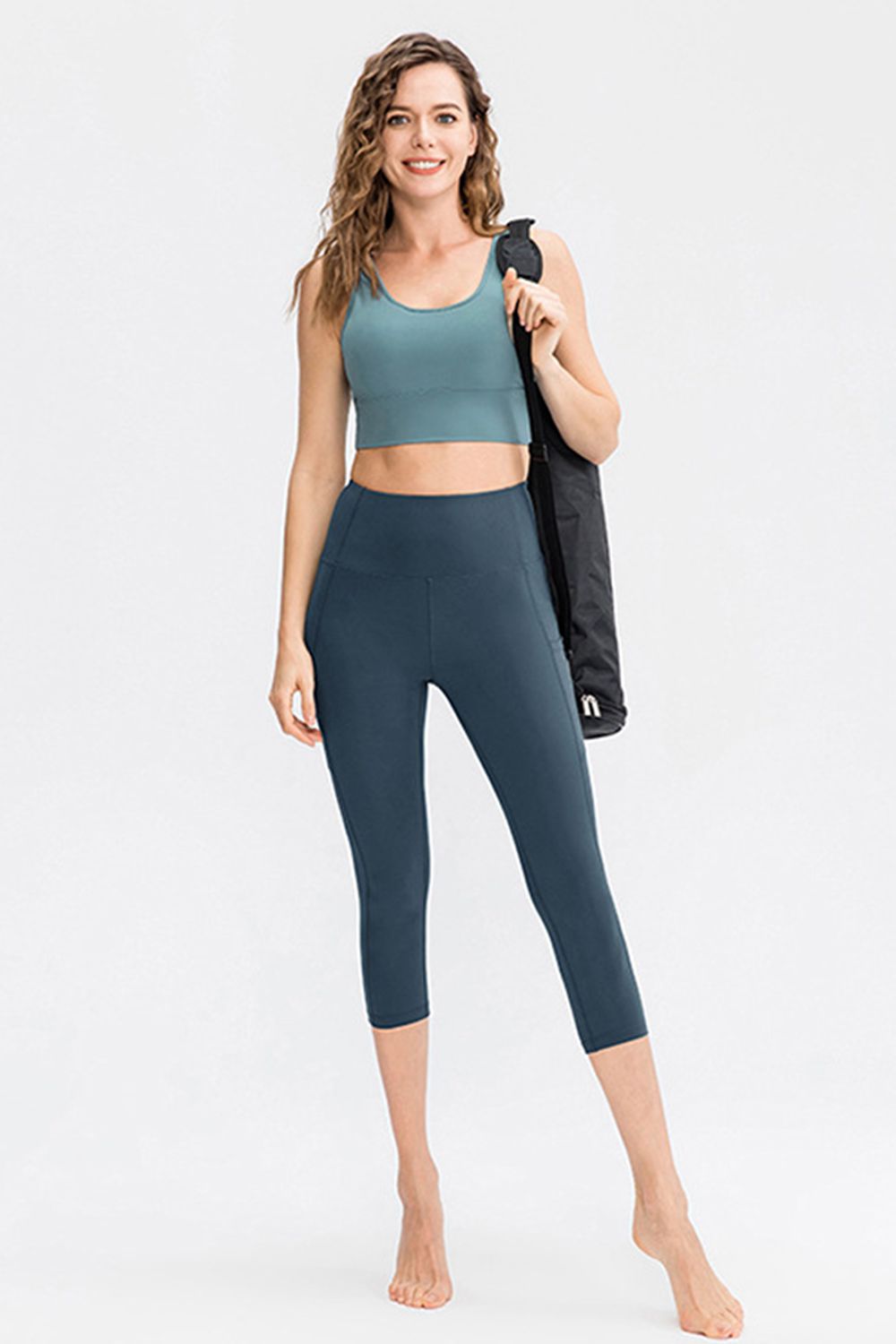 Wide Waistband Cropped Active Leggings with Pockets Print on any thing USA/STOD clothes