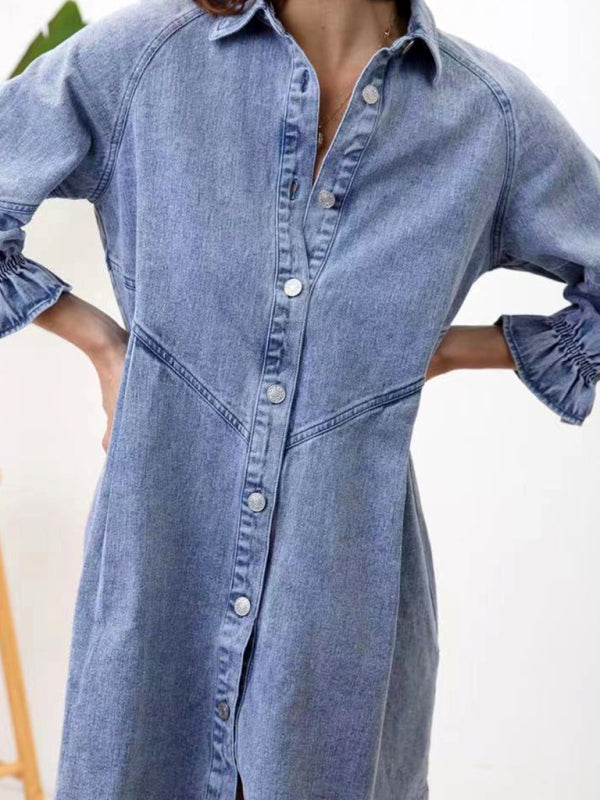 Women's Casual Loose Denim Balloon Sleeve Long Sleeve Dress Print on any thing USA/STOD clothes