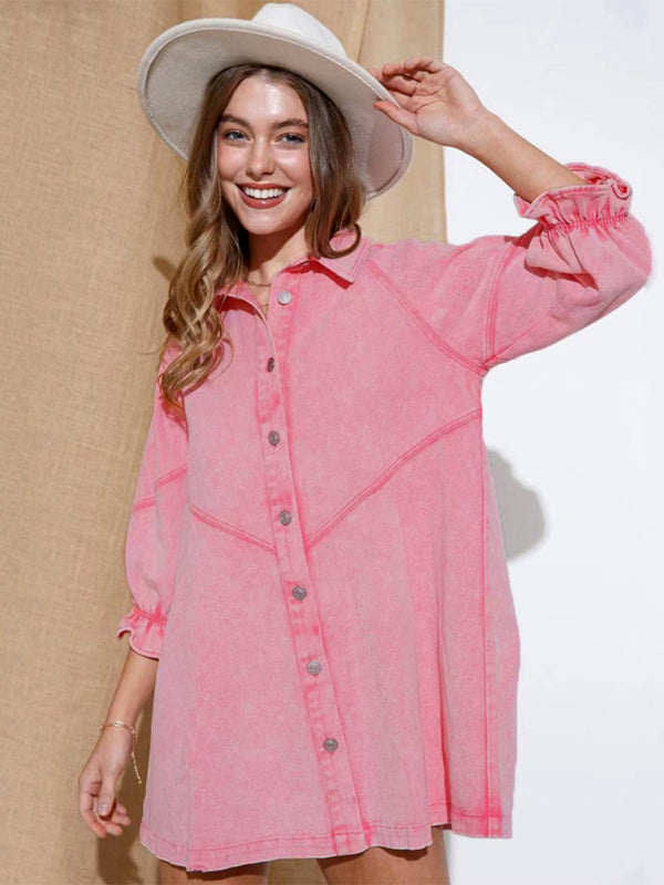 Women's Casual Loose Denim Balloon Sleeve Long Sleeve Dress Print on any thing USA/STOD clothes