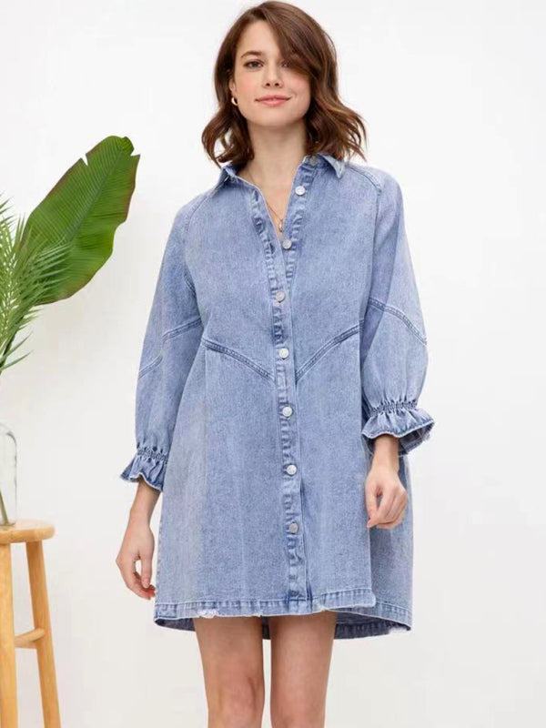 Women's Casual Loose Denim Balloon Sleeve Long Sleeve Dress Print on any thing USA/STOD clothes