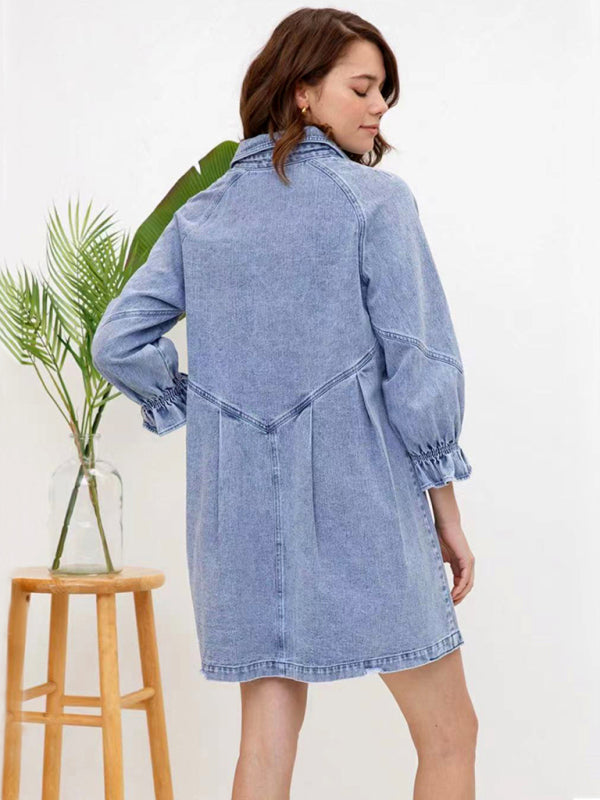 Women's Casual Loose Denim Balloon Sleeve Long Sleeve Dress Print on any thing USA/STOD clothes