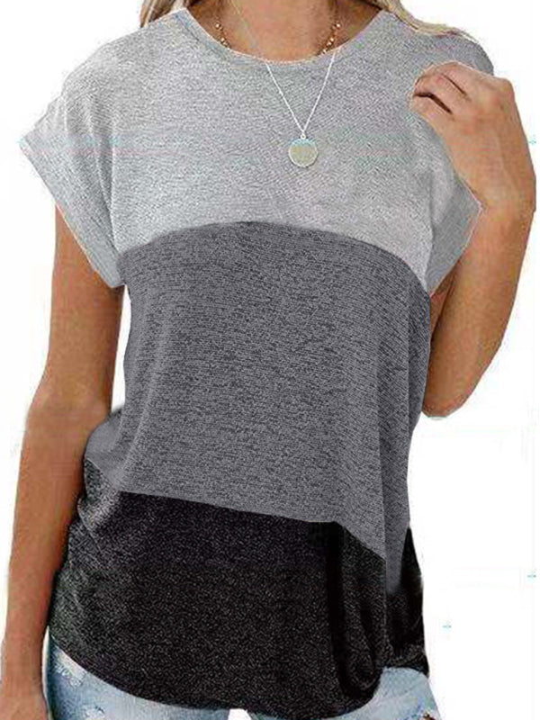 Women's Knitted Color Contrast Stitching Short Sleeve T-Shirt Print on any thing USA/STOD clothes