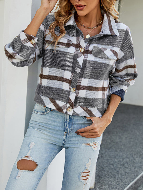 Women's New Lapel Loose Plaid Shirt Short Woolen Jacket Print on any thing USA/STOD clothes