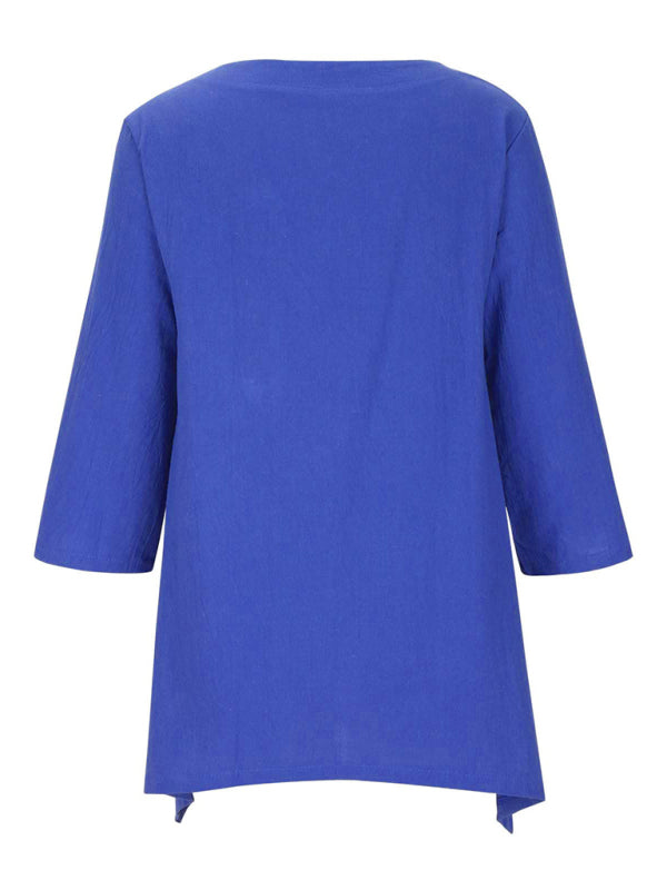 Women's Round Neck Asymmetric Hem Solid Short Sleeve Shirt Print on any thing USA/STOD clothes