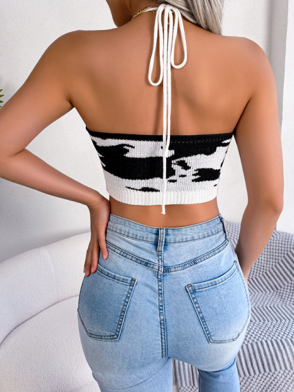 Women's Sexy Cow Pattern Waist Sling Cropped Knitted Sweater Print on any thing USA/STOD clothes