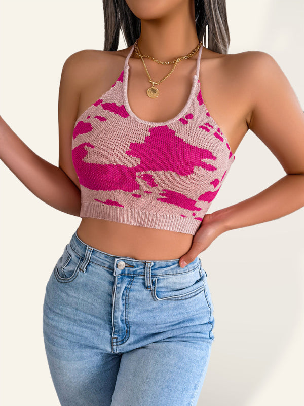 Women's Sexy Cow Pattern Waist Sling Cropped Knitted Sweater Print on any thing USA/STOD clothes