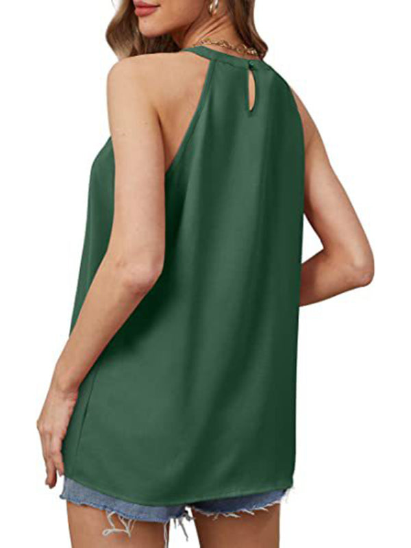 Women's Solid Color Halter Neck Pleated Sleeveless Tank Top Print on any thing USA/STOD clothes