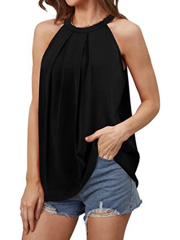 Women's Solid Color Halter Neck Pleated Sleeveless Tank Top Print on any thing USA/STOD clothes