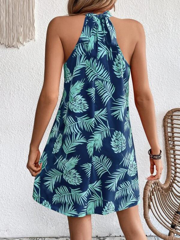 Women's Woven Halter Leaf Print Sleeveless Dress Print on any thing USA/STOD clothes