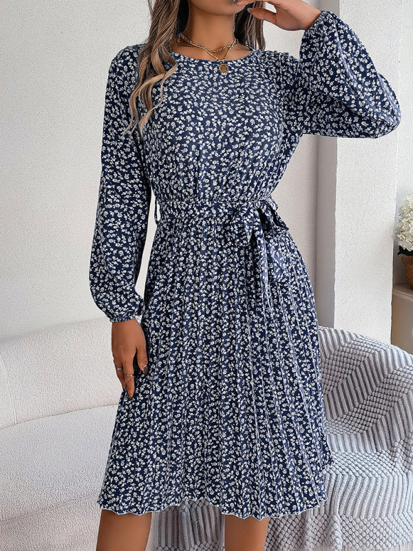 Women's casual long-sleeved floral large hem pleated dress Print on any thing USA/STOD clothes