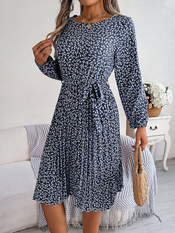 Women's casual long-sleeved floral large hem pleated dress Print on any thing USA/STOD clothes