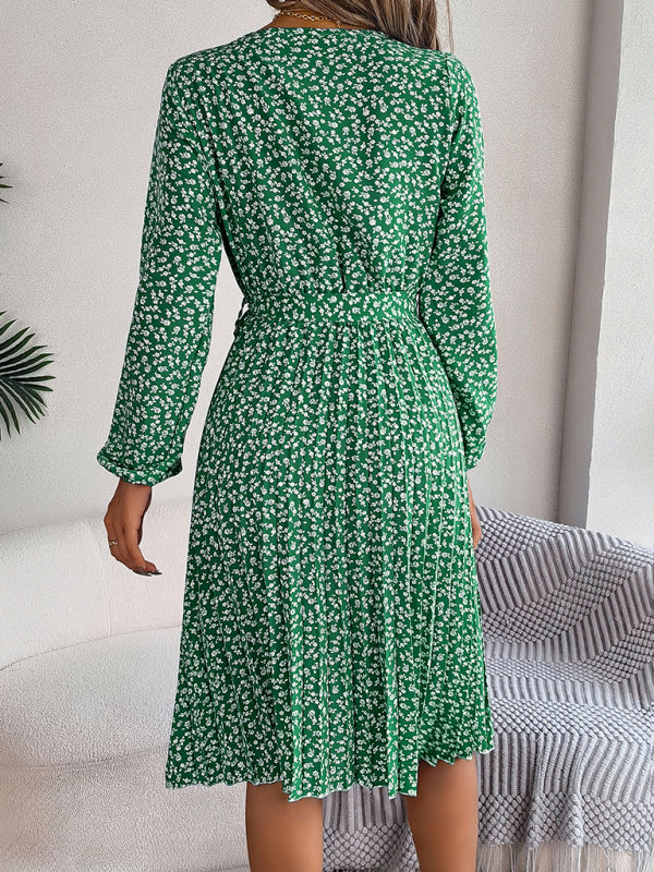 Women's casual long-sleeved floral large hem pleated dress Print on any thing USA/STOD clothes