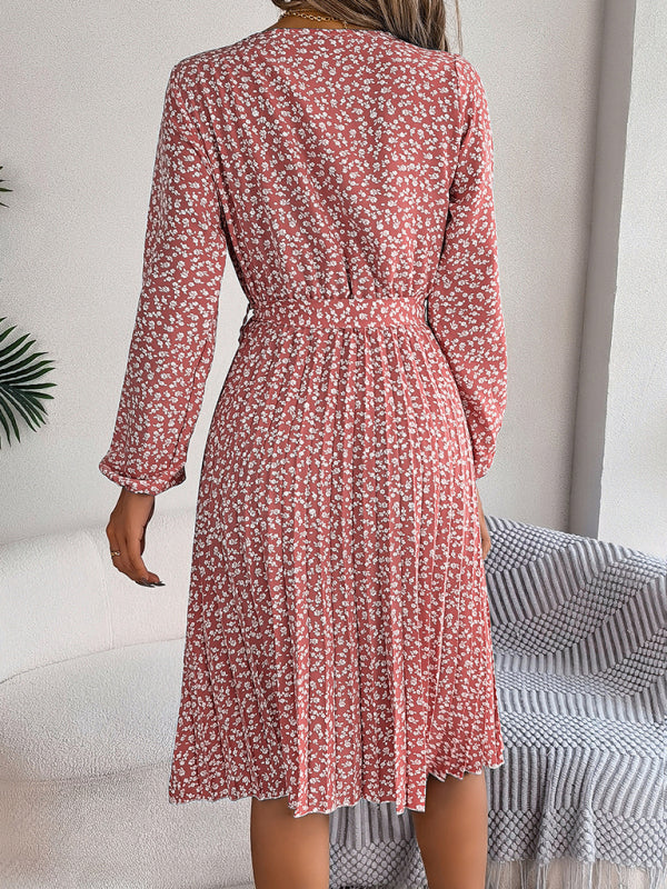 Women's casual long-sleeved floral large hem pleated dress Print on any thing USA/STOD clothes