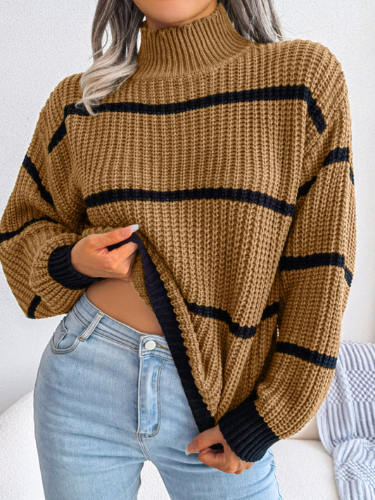 Women's casual stripe lantern sleeve half high neck knitted sweater Print on any thing USA/STOD clothes