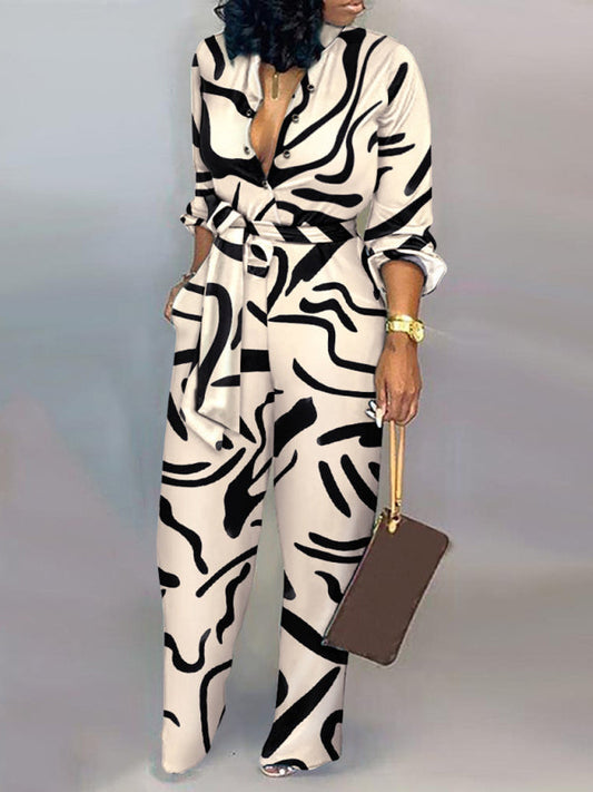 Women's fashion commuting abstract print long-sleeved jumpsuit Print on any thing USA/STOD clothes
