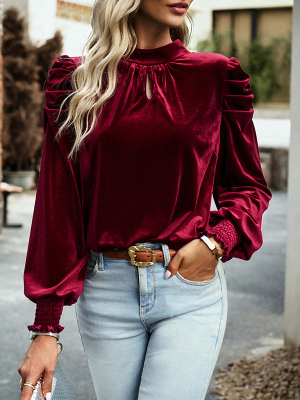 Women's gold velvet turtleneck bow puff sleeve shirt Print on any thing USA/STOD clothes