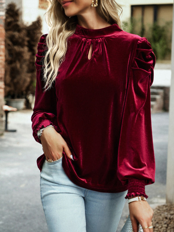 Women's gold velvet turtleneck bow puff sleeve shirt Print on any thing USA/STOD clothes