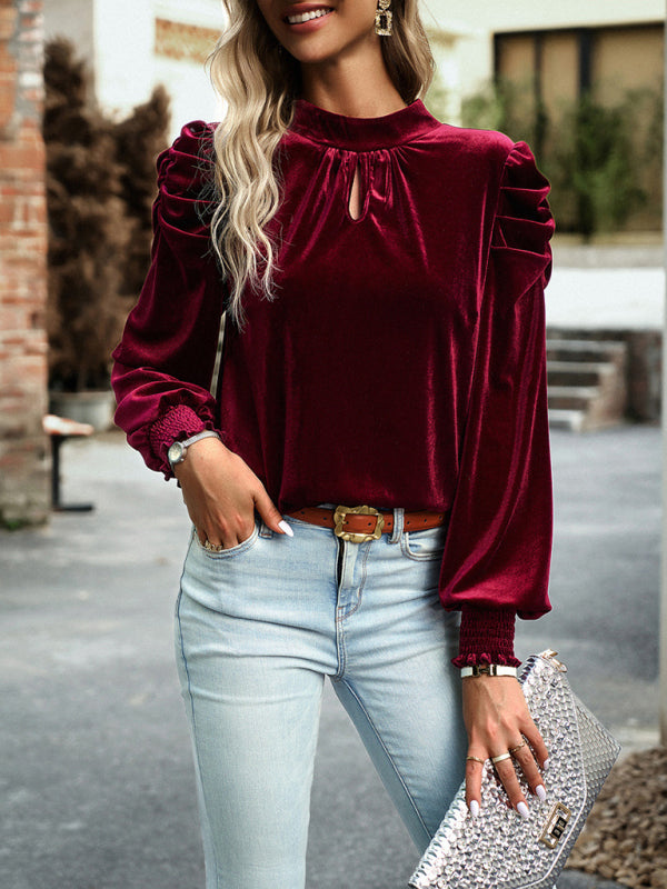 Women's gold velvet turtleneck bow puff sleeve shirt Print on any thing USA/STOD clothes